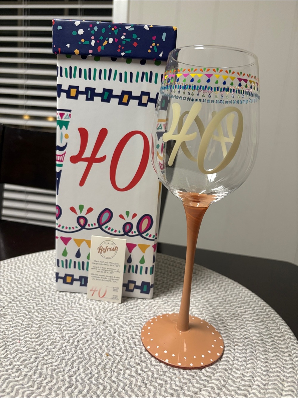Refresh Gold "40" Wine Glass with Peach Stem and Polka-Dot Base